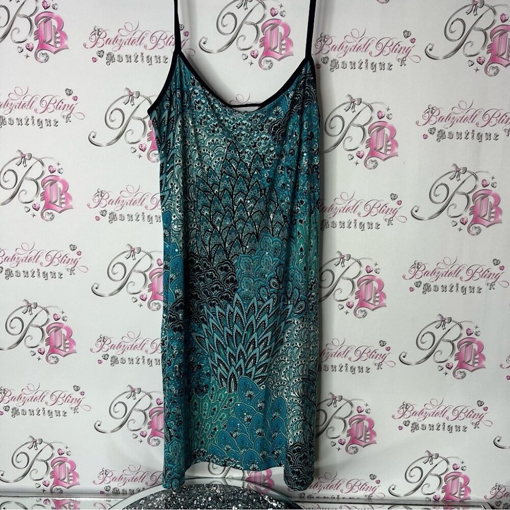 Dream dance dress soft Teal and Black Patterned  paisley boho medium sparkly